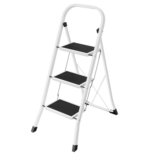 SONGMICS Step Ladder, 3-Step Ladder, Folding Ladder, Safety Lock, Space-Saving Storage, Holds up to 150 kg, Simiply White GSL03WT