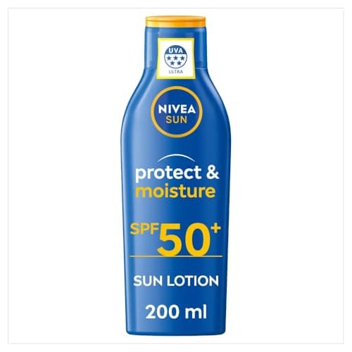 NIVEA SUN Protect & Moisture Sun Lotion SPF 50+ (200 ml), Suncream with Vitamin C and Hyaluron, Provides 48H Moisture and Immediate UVA/UVB Protection, Fast-Absorbing, No White Cast Formula