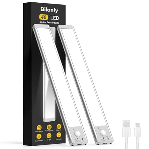 Bilonly Under Cabinet Kitchen Lights, 40 LED Rechargeable Motion Sensor Lights Indoor, Magnetic Dimmable Under Cupboard Lights, Wireless LED Strip Light for Kitchen, Stairs, Wardrobe, Hallway, 2 Pack