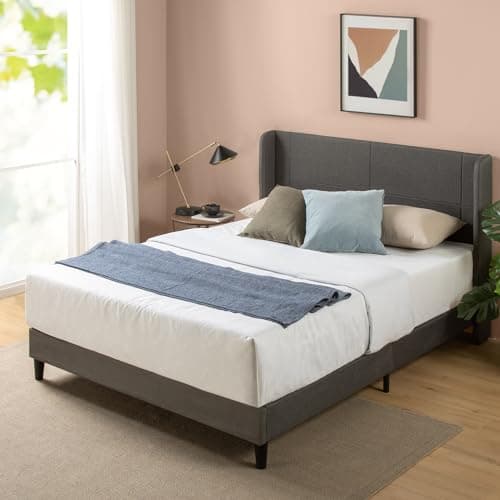 Zinus Sasha King Bed Frame - Bed 150x200 cm - 25 cm Bamboo Slat Support - Dark Grey Upholstered Wingback Bed Frame
