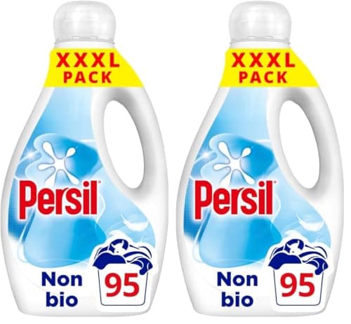 Persil Non Bio Laundry Washing Liquid Detergent outstanding stain removal in quick & cold washes tough on stains, gentle next to sensitive skin 95 washes (2.565 L) (Pack of 2)