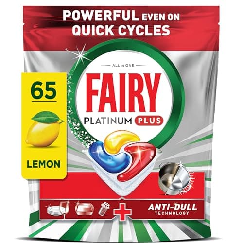 Fairy Platinum Plus Dishwasher Tablets Lemon, 65 Capsules, Impeccable Clean Even in Quick Cycles Without Pre-Wash, Anti-Dull Technology, Super Shine Function