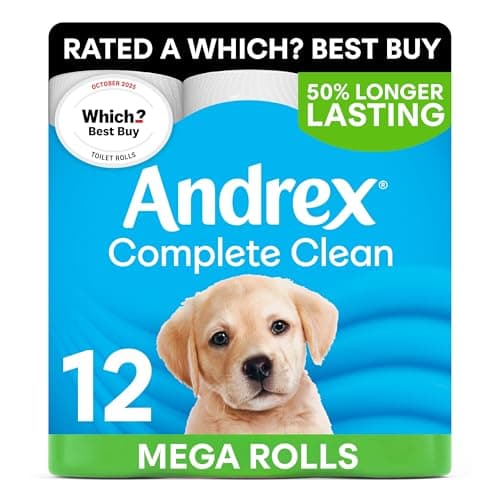 Andrex Complete Clean Toilet Roll - 12 Mega Toilet Rolls (=18 Standard Toilet Rolls), 3-Ply, Bulk Buy, Now Even Softer, FSC Certified, Endorsed as a Which? Best Buy